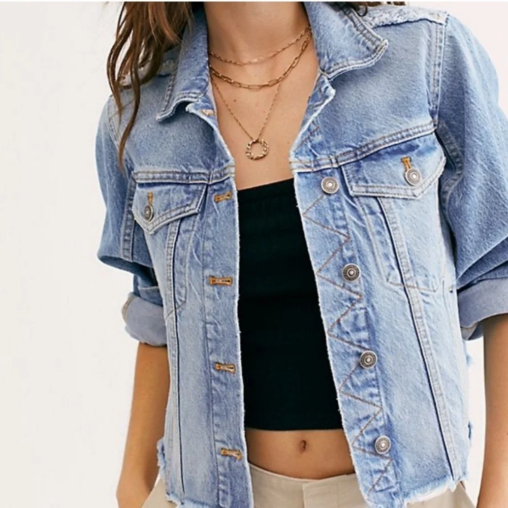 Free People We The Free Indira Distressed Denim Jacket Large - Picture 3 of 13